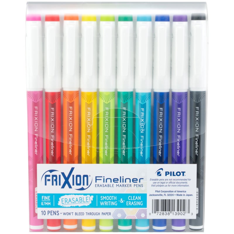 Pilot FriXion Fineliner Erasable Marker Pens, Fine Point 0.7 mm, Pack of 10, Classic Colors, Erasable Pens - Ideal for School, Journaling, & Office Writing - Image 1